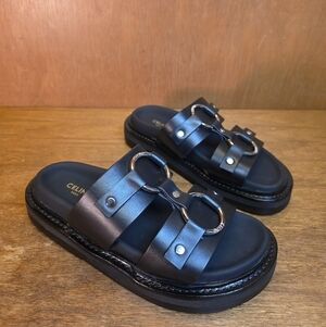 MADE IN ITALY CELINE TIPPI BLACK LEATHER SLIDE SANDALS